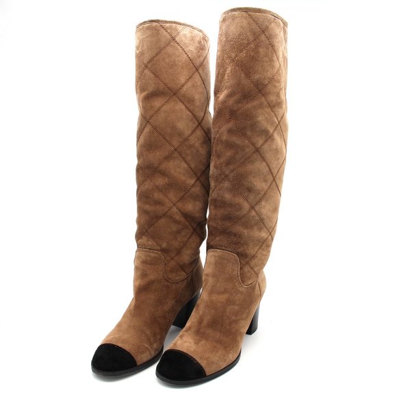 CHANEL Brown Quilted Suede Knee High Black Cap Toe Boots Stacked Heel size 38 CC - Picture 3 of 8